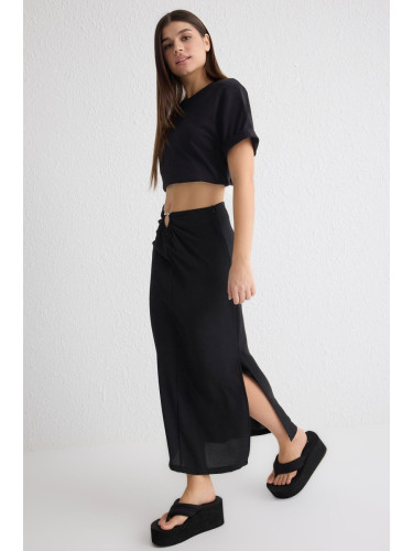 Trendyol Black Waist Buckle Detailed Flowy Fabric Midi Length Woven Skirt