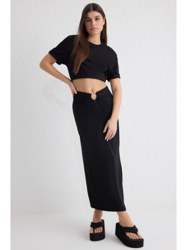 Trendyol Black Waist Buckle Detailed Flowy Fabric Midi Skirt