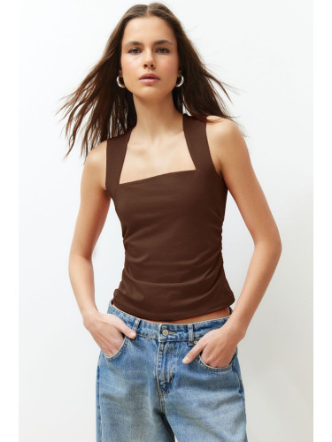 Trendyol Brown Plain Square Neck Strappy Gathered Knitted Blouse