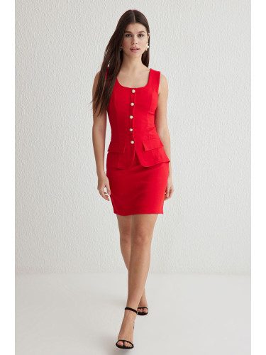 Trendyol Red Straight A-Line Buttoned Mini Woven Dress