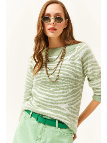 Olalook Women's Aqua Green Boat Neck Zebra Soft Textured Bearded Sweater