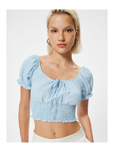 Koton Balloon Sleeve Poplin Crop Blouse Gimped Front Tie Detail