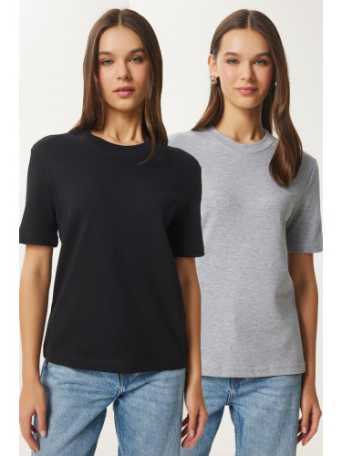 Happiness İstanbul Women Black Grey Melange 2-Pack Cotton Basic Knitted T-Shirt