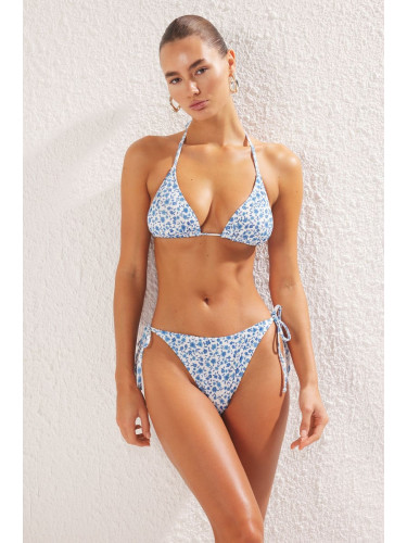 Trendyol Blue-Multi Color*St Floral Triangle Tied Textured Regular Waist Bikini Set