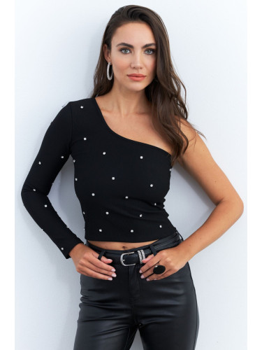 Cool & Sexy Women's Black Stone Single Sleeve Crop Blouse HOL2