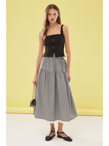 Trendyol Black Gingham Pattern Lace Detailed A-line Midi Skirt