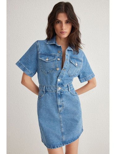 Trendyol Blue Pocket Detailed Short Sleeve Mini Denim Shirt Dress