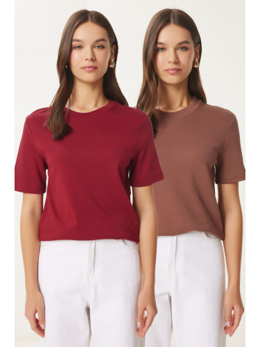 Happiness İstanbul Women's Claret Brown 2-Pack Cotton Basic Knitted T-Shirt