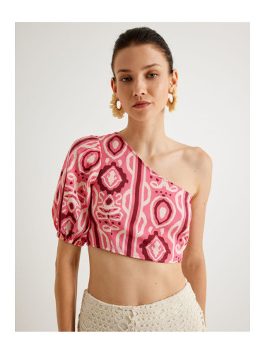 Koton X Melis Ağazat - One Shoulder Balloon Sleeve Crop Blouse Ethnic Patterned Slim Fit