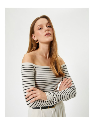 Koton Long Sleeve Boat Neck Off-The-Shoulder Striped Knitwear Sweater