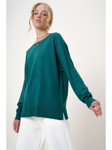 Trend Alaçatı Stili Women's Emerald Green Boat Neck Side Slit Flowy Knitwear Blouse