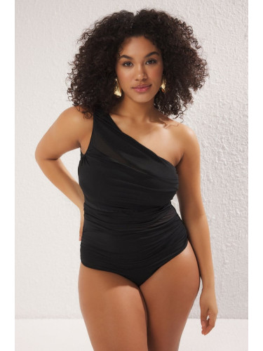 Trendyol Curve Black One Shoulder Tulle Detail Pleated Plus Size Swimsuit