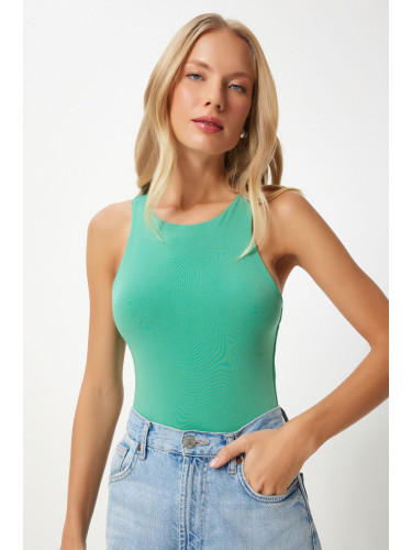 Happiness İstanbul Women's Green Crew Neck Snap Woven Bodysuit