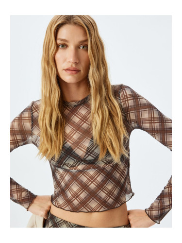 Koton Long Sleeve Transparent Tulle Plaid Crop T-Shirt