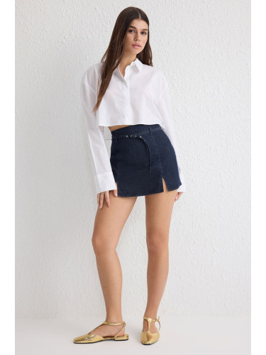 Trendyol Navy Blue Belted Slit Detail High Waist Denim Shorts Skirt