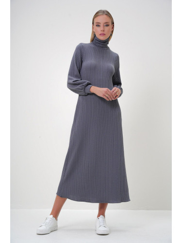 Trend Alaçatı Stili Women's Gray Turtleneck Burgundy Fabric Long Dress