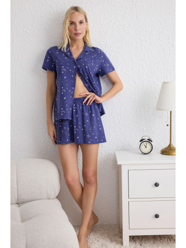 Trendyol Blue Galaxy Patterned Knitted Pajama Set