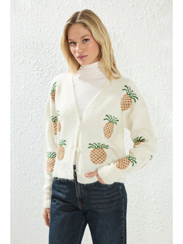 Trendyol Ecru*001 Soft Textured Pineapple Patterned V Neck Knitwear Cardigan