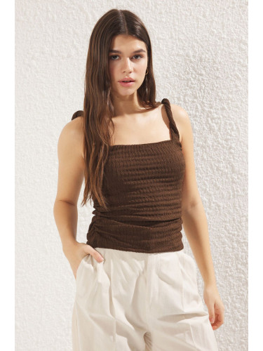 Trendyol Brown Textured Fitted/Body-Smooth Twisted Sleeve Detail Knitted Blouse