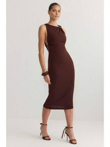 Trendyol Brown Accessory Detail Knitted Midi Dress