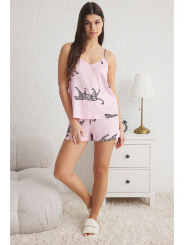 Trendyol Pink Animal Patterned Rope Strap Ribbed Knitted Pajama Set