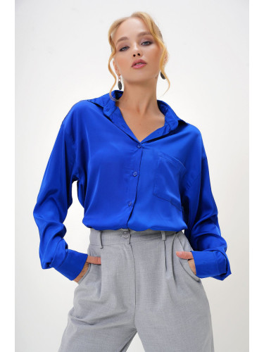 Trend Alaçatı Stili Women's Saxe Blue Single Pocket Silk Satin Oversize Shirt