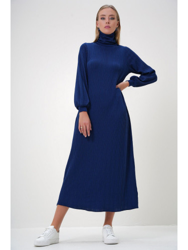 Trend Alaçatı Stili Women's Navy Blue Turtleneck Burgundy Fabric Long Dress