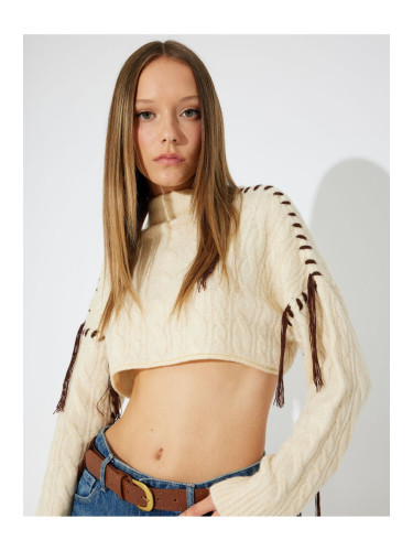 Koton X Zeynep Bastık - Tassel Detail Hair Knitting Stand Collar Oversize Crop Sweater