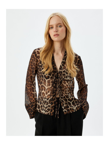 Koton Front Tie Bow Detailed Transparent Tulle Leopard Patterned Blouse