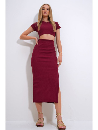 Trend Alaçatı Stili Women's Burgundy Crew Neck Crop Blouse and Slit Skirt Camisole Suit