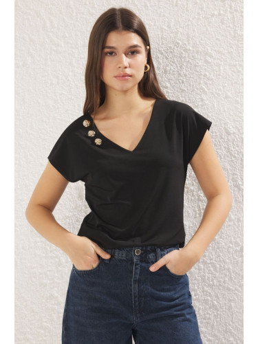 Trendyol Black Button Detail Regular V Neck Moon Sleeve Knitted Blouse