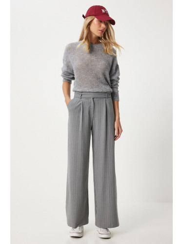 Happiness İstanbul Women's Grey Thin Striped Wide Leg Trousers