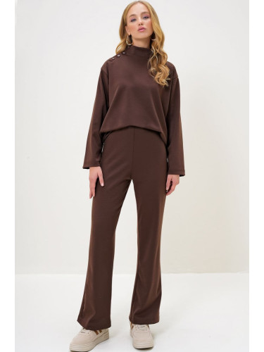 Trend Alaçatı Stili Women's Brown Stand Collar Snap Blouse and Trouser Set