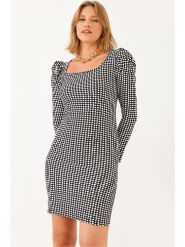 Bianco Lucci Women's Houndstooth Patterned Square Neck Mini Dress 10021