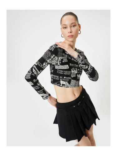 Koton Long Sleeve Printed Crop T-Shirt Crew Neck Slim Fit