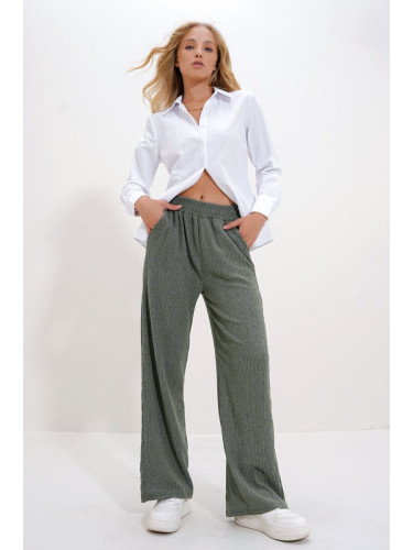 Trend Alaçatı Stili Women's Khaki High Waist Elastic Wide Leg Trousers