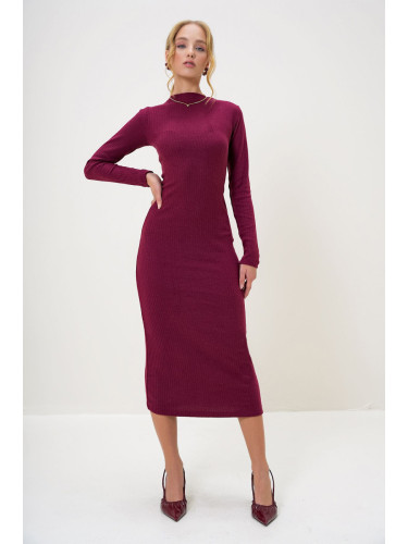 Trend Alaçatı Stili Women's Burgundy Crew Neck Long Sleeve Interlock Fabric Maxi Length Dress