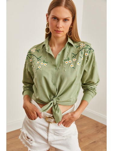 Olalook Women's Daisy Mold Green Embroidery Detailed Oversize Woven Shirt