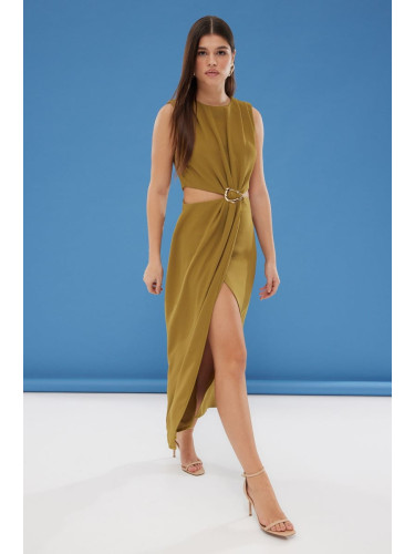 Trendyol Oil Green Plain A-Line Cut-out Midi Woven Dress