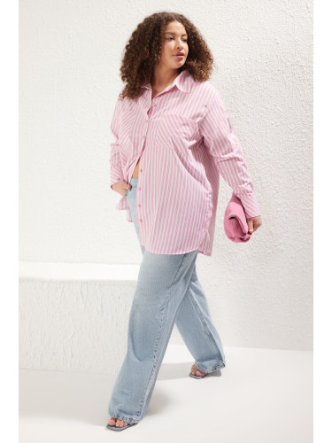 Trendyol Curve Pink Striped Double Pocket Woven Plus Size Shirt