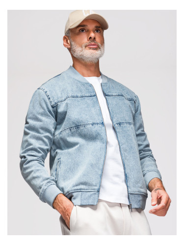 Ombre Men's denim bomber jacket with stone wash effect - light blue