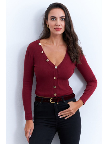 Cool & Sexy Women's Burgundy V Neck Button Detail Blouse