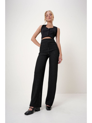 Trend Alaçatı Stili Women's Black Elastic Waist Striped Wide Leg Knitted Trousers