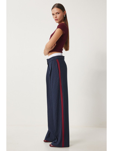 Happiness İstanbul Women's Navy Blue Contrast Waist Detailed Striped Woven Trousers