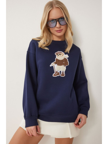 Happiness İstanbul Women's Navy Blue Teddy Bear Emblem Raised Knitted Sweatshirt