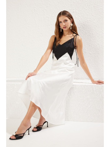 Trendyol Black-White A-Line Satin Woven Midi Chic Dress