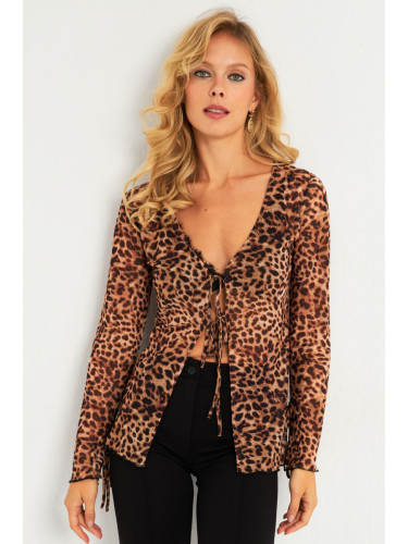 Cool & Sexy Women's Camel-Black Leopard Patterned Tulle Blouse GO175