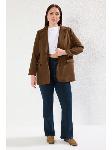 Trendyol Curve Brown Suede Woven Plus Size Jacket