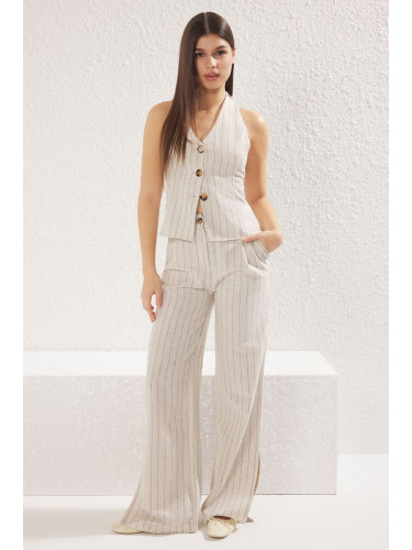 Trendyol Beige Linen Blend Striped Back Open Vest & Wide Leg Trousers Woven Bottom-Top Set