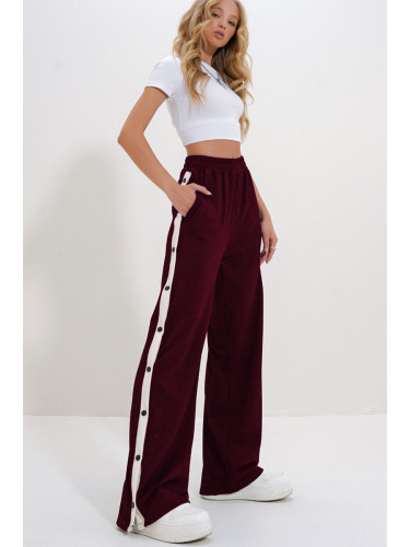 Trend Alaçatı Stili Women's Burgundy Double Pocket Elastic Side Stripe Wide Leg Pants